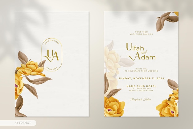 PSD double side modern wedding invitation template with vintage flower watercolor ornaments