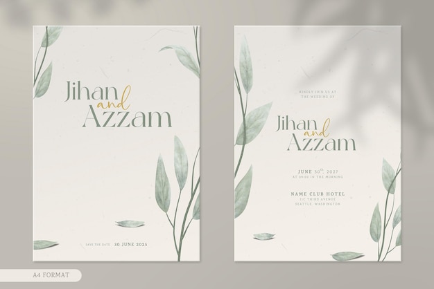 Double side modern wedding invitation template with vintage leaves watercolor ornaments