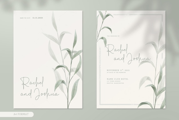 Double side modern wedding invitation template with vintage leaves watercolor ornaments