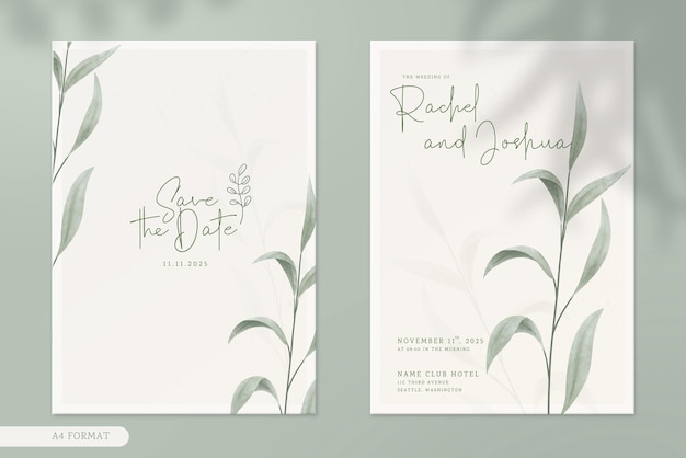 Double side modern wedding invitation template with vintage leaves watercolor ornaments