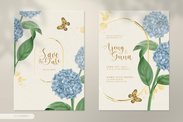 Double side modern wedding invitation with blue vintage hydrangea flower watercolor