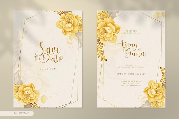 Double side modern wedding invitation with brown vintage flower bouquet watercolor