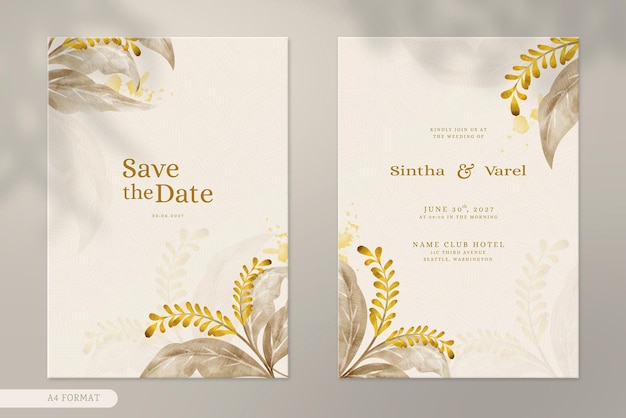 double side wedding card with vintage brown leaves watercolor ornament