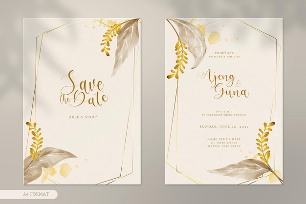 PSD double side wedding card with vintage brown leaves watercolor ornament