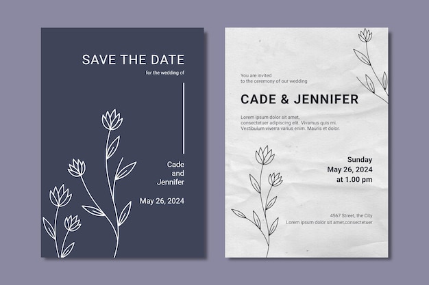 PSD double side wedding invitation minimalist style hand drawn leaves