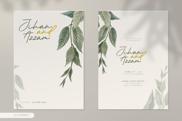 PSD double side wedding invitation template with leaves watercolor ornaments