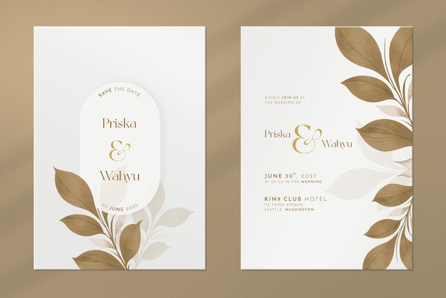 Double side wedding invitation with brown leaves watercolor ornaments