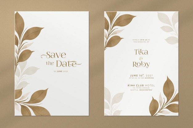 Double side wedding invitation with brown leaves watercolor ornaments