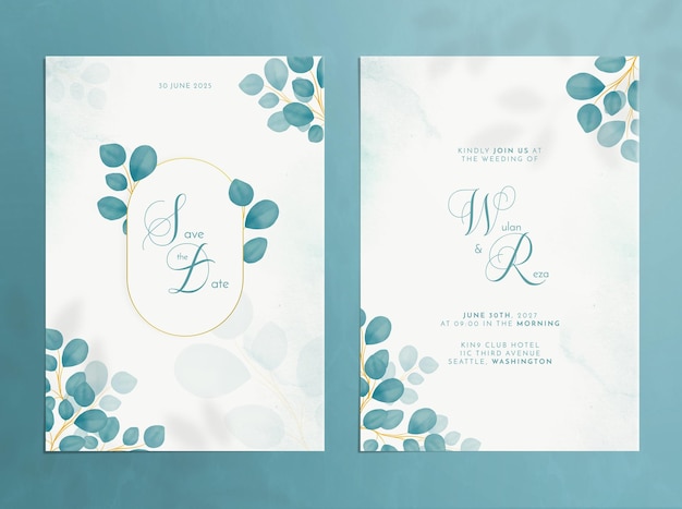 Double side wedding invitation with green leaves watercolor ornaments