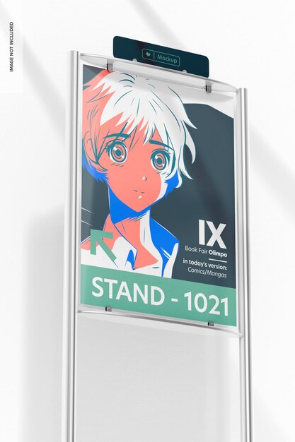 PSD double-sided display stand mockup, low angle view