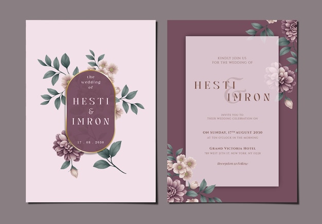 PSD double sided elegant wedding invitation template with flower