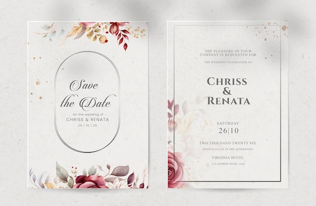 PSD double sided vintage wedding invitation template with elegant floral