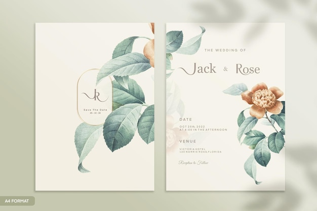 Double sided vintage wedding invitation template with green flower