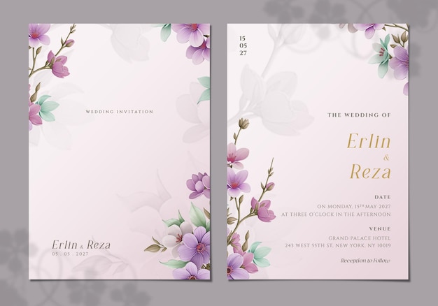 Double sided wedding invitation card template with colorful flower bouquet