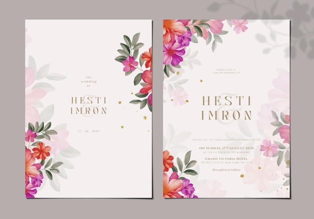 Double sided wedding invitation card template with flower