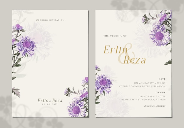 PSD double sided wedding invitation card template with purple flower