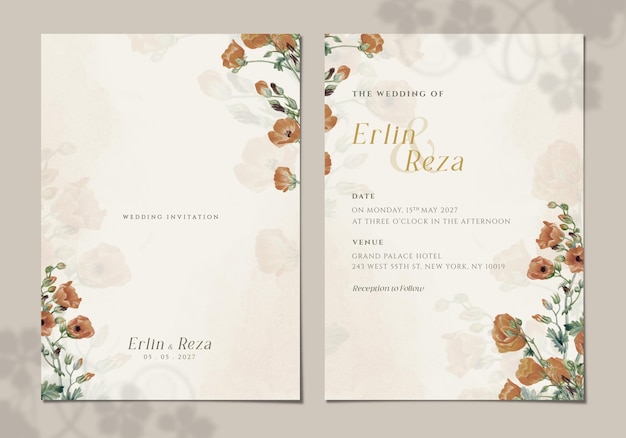 PSD double sided wedding invitation card template with red flower