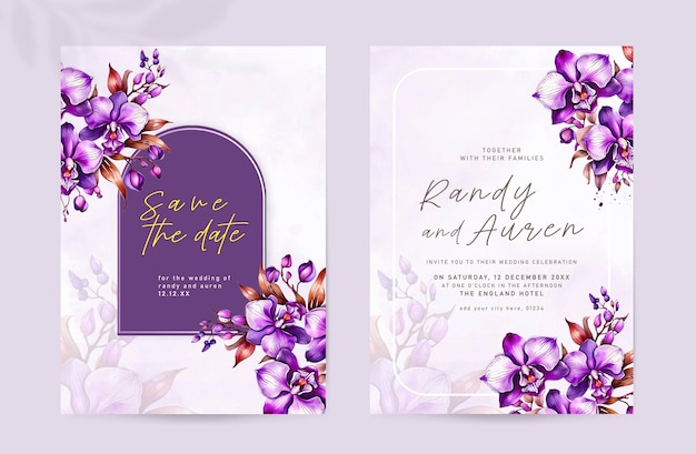 Double sided wedding invitation minimalist template with elegant watercolor violet bouquet flower