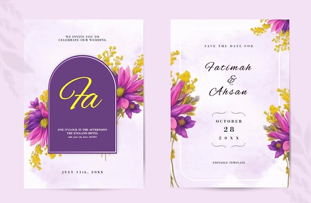 Double sided wedding invitation minimalist template with elegant watercolor violet bouquet