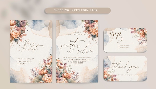 PSD double sided wedding invitation template with elegant watercolor browns roses