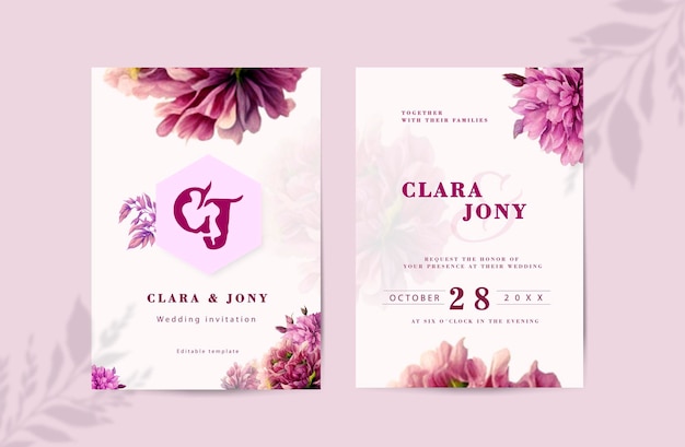 Double sided wedding invitation template with elegant watercolor flowers