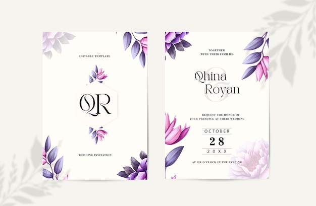 Double sided wedding invitation template with elegant watercolor flowers