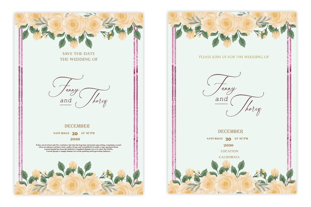 Double sided wedding invitation template with flower premium psd