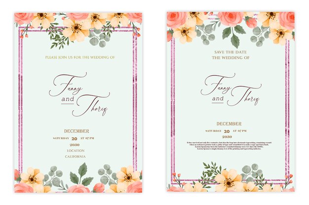 Double sided wedding invitation template with flower premium psd