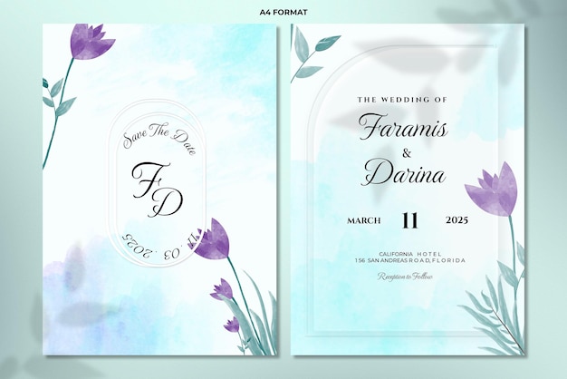 Double sided wedding invitation template with flower