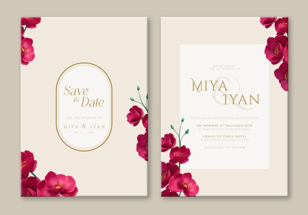 PSD double sided wedding invitation template with flowers