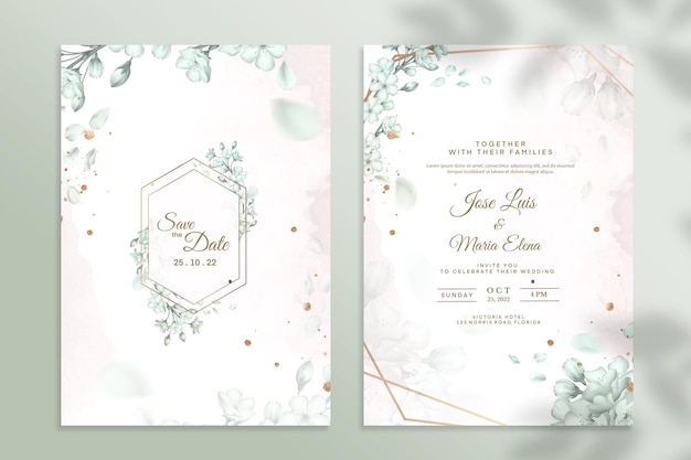 PSD double sided wedding invitation template with green flower