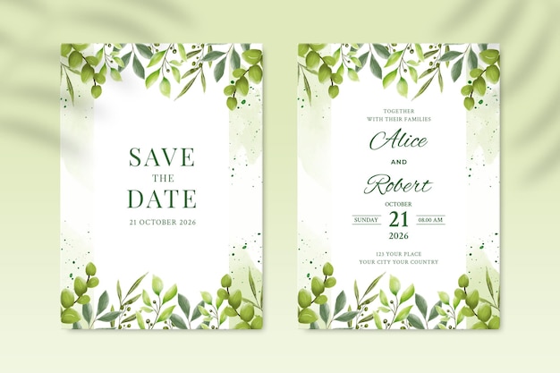 PSD double sided wedding invitation template with green leaves premium psd