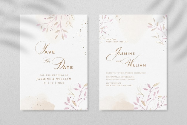 double sided wedding invitation template with leaves premium psd