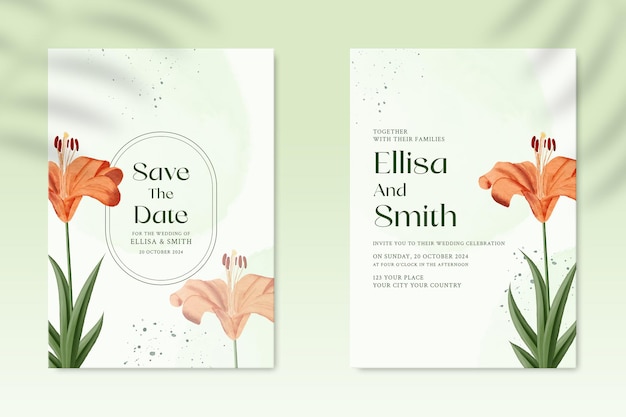 Double sided wedding invitation template with orange flower Premium Psd