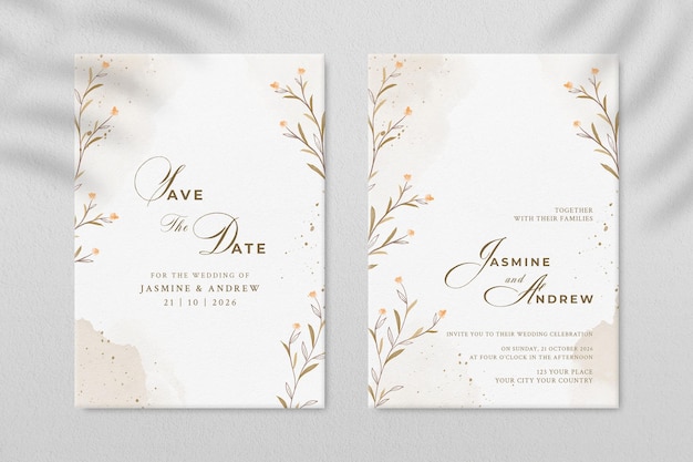 double sided wedding invitation template with orange flower premium psd