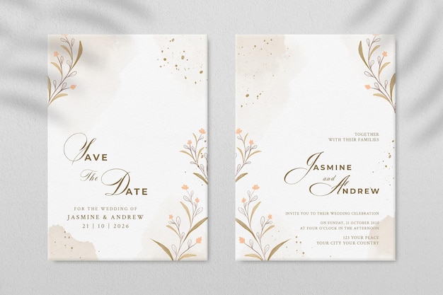 オレンジ色の花と両面の結婚式の招待状のテンプレート Premium Psd