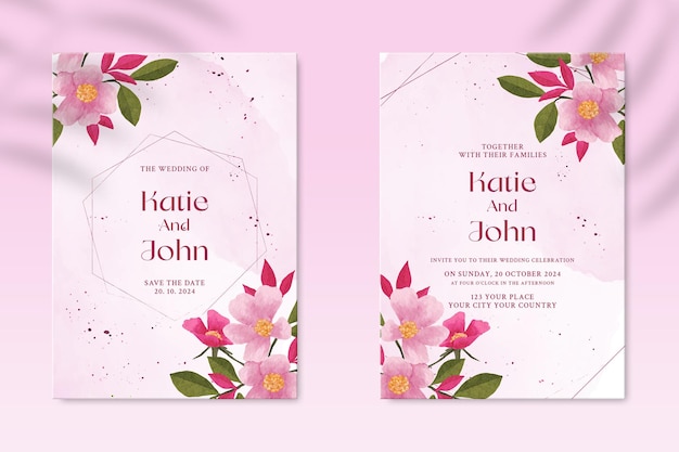 Double sided wedding invitation template with pink flower premium psd