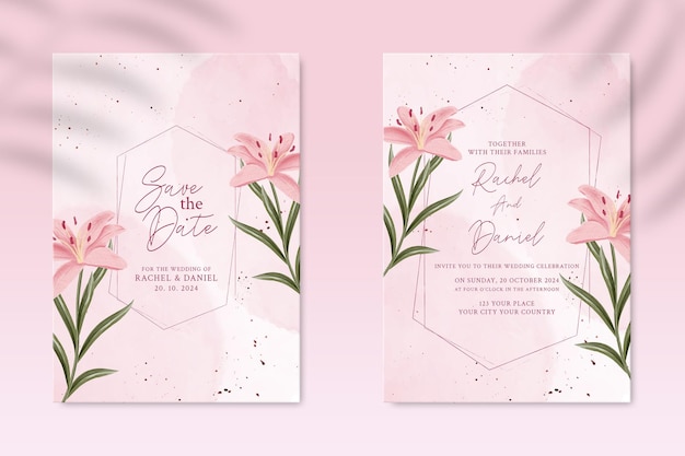 Double sided wedding invitation template with pink flower Premium Psd