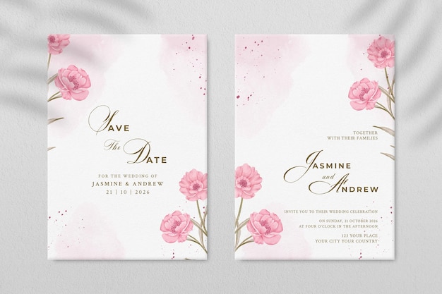 PSD double sided wedding invitation template with pink flower premium psd