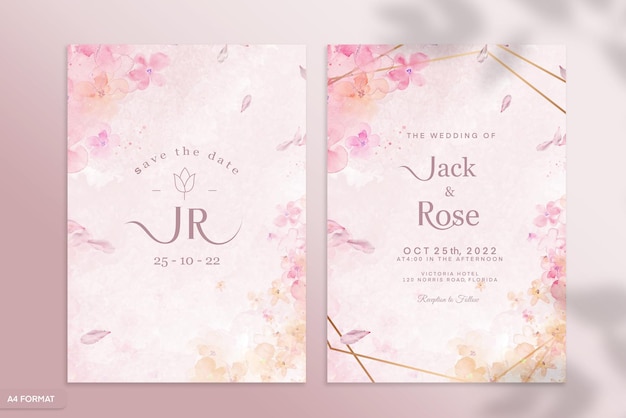 ピンクと赤の花の両面結婚式招待状テンプレート