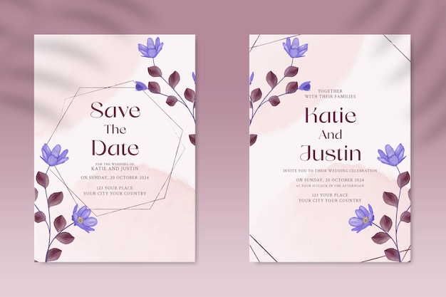 Double sided wedding invitation template with purple flower premium psd