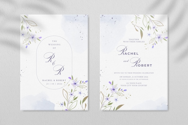 Double sided wedding invitation template with purple flower Premium Psd