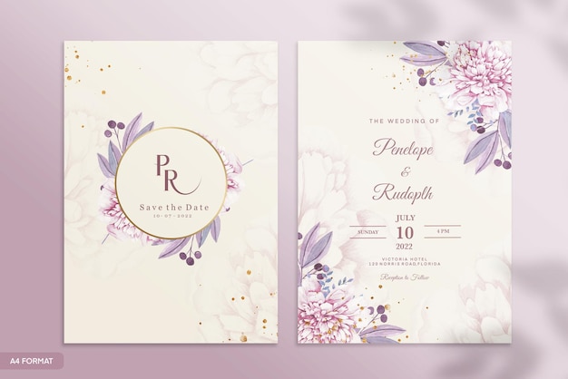 PSD double sided wedding invitation template with purple flower