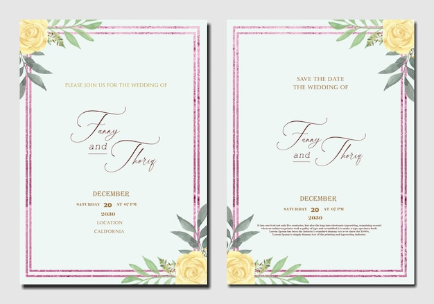 PSD double sided wedding invitation template with purple red flower premium psd