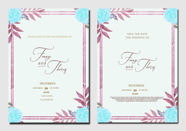 PSD double sided wedding invitation template with purple red flower premium psd