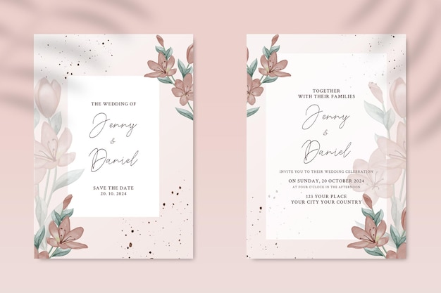 Double sided wedding invitation template with red flower Premium Psd