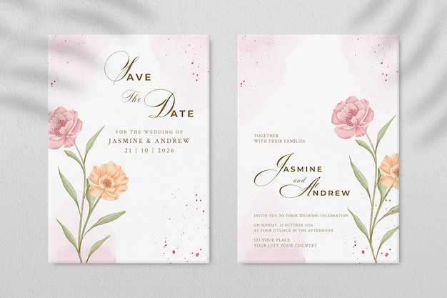 Double sided wedding invitation template with red and orange flower premium psd