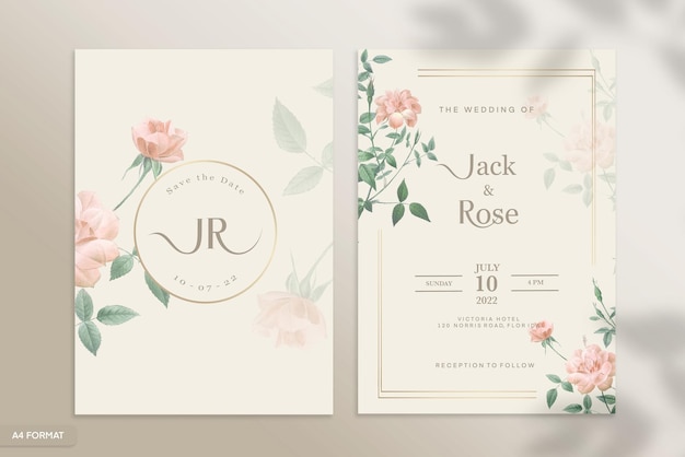 Double sided wedding invitation template with rose flower