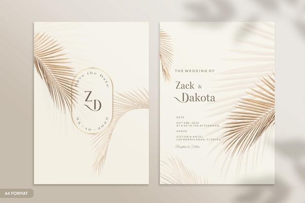 Double sided wedding invitation template with tropical flower