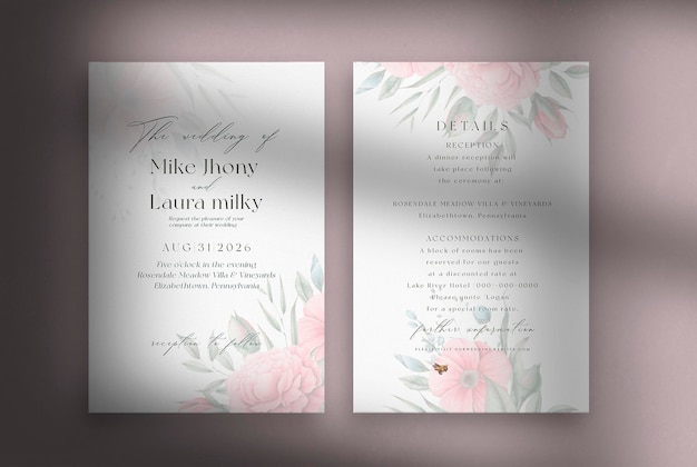 Double sided wedding invitation template with watercolor flower